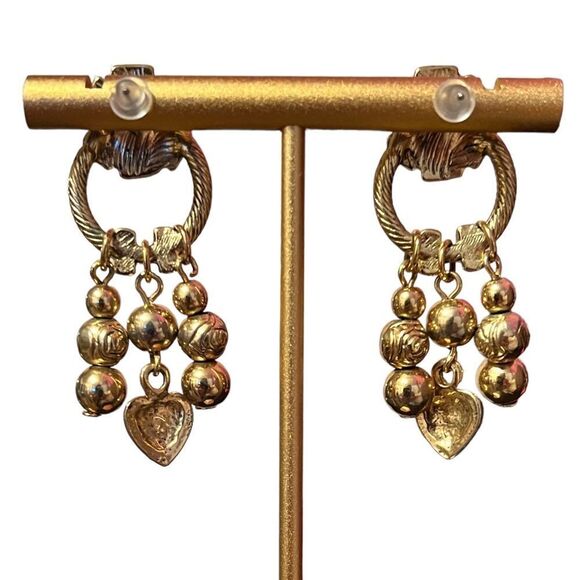 Gold Tone Flower Heart Dangle Earrings - Picture 3 of 4